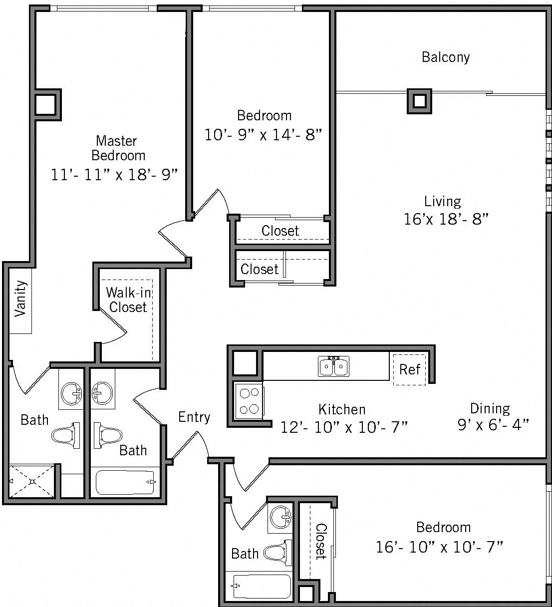 Floor plan for 3 beds, 3 baths, 1650 sqft